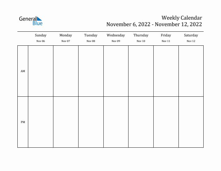 Simple Weekly Calendar Template with AM and PM (Nov 6 - Nov 12, 2022)