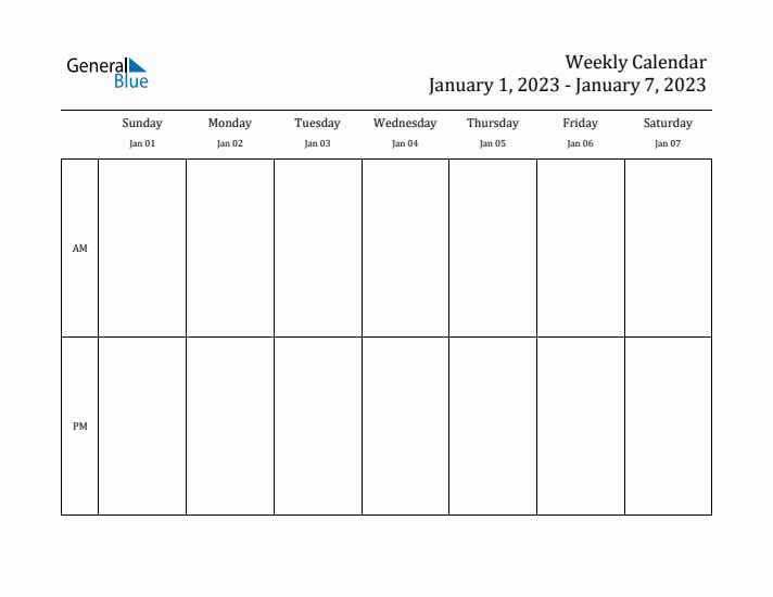 Simple Weekly Calendar Template with AM and PM (Jan 1 - Jan 7, 2023)