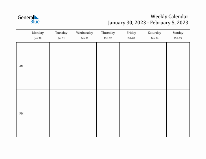 Simple Weekly Calendar Template with AM and PM (Jan 30 - Feb 5, 2023)
