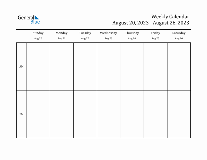 Simple Weekly Calendar Template with AM and PM (Aug 20 - Aug 26, 2023)