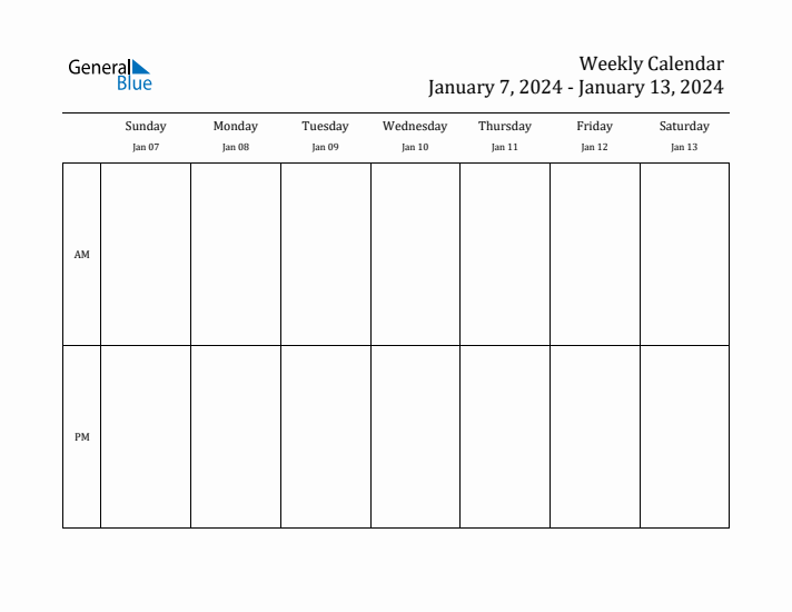 Simple Weekly Calendar Template with AM and PM (Jan 7 - Jan 13, 2024)