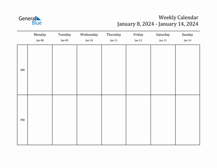 Weekly Calendar with Monday Start for Week 2 (January 8, 2024 to