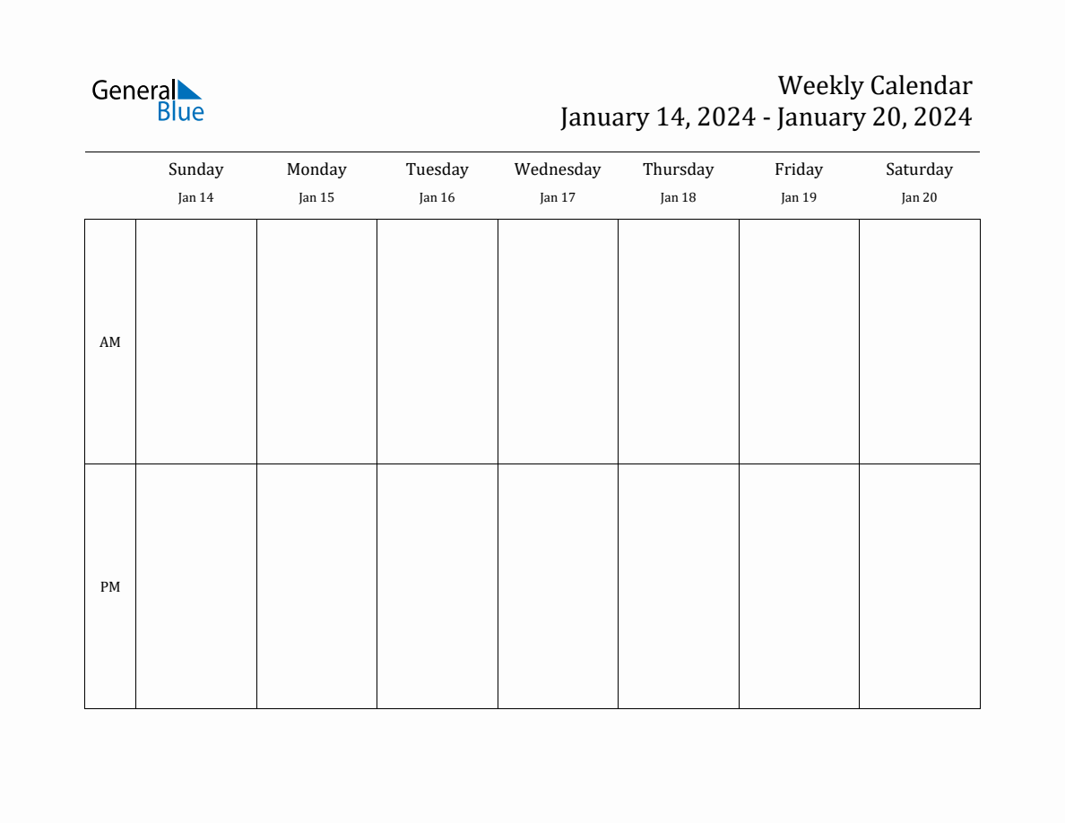 Simple Weekly Calendar for Jan 14 to Jan 20, 2024