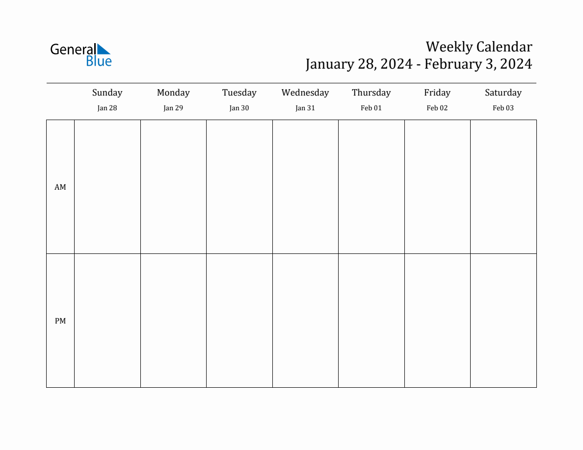 Simple Weekly Calendar for Jan 28 to Feb 3, 2024