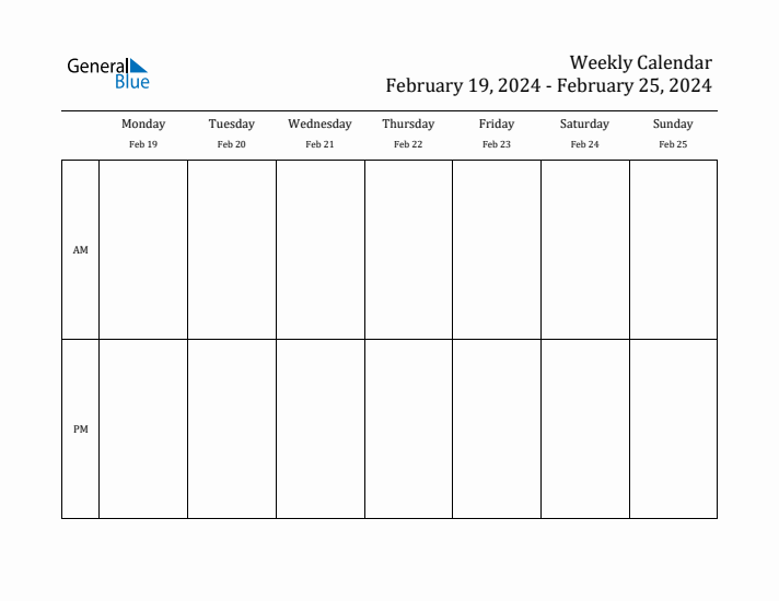 Weekly Calendar with Monday Start for Week 8 (February 19, 2024 to