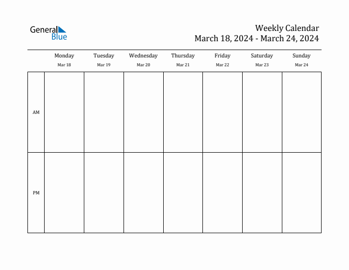 Weekly Calendar with Monday Start for Week 12 (March 18, 2024 to March