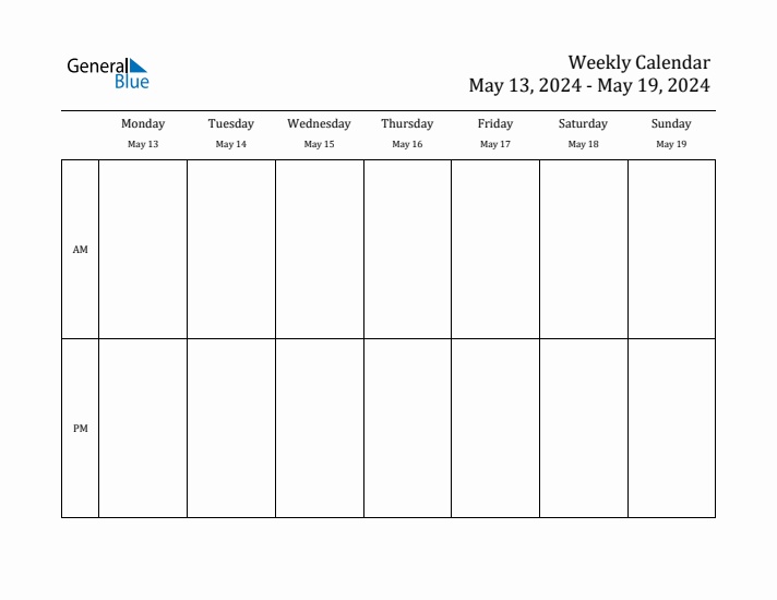 Weekly Calendar with Monday Start for Week 20 (May 13, 2024 to May 19