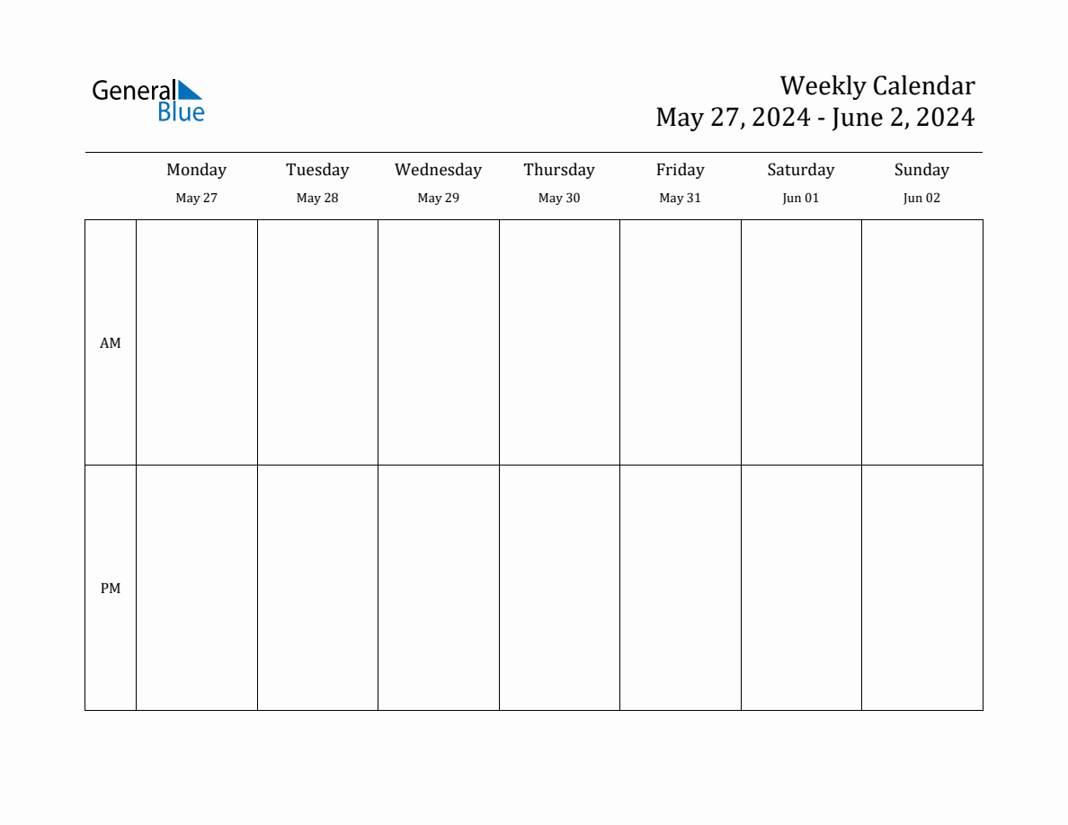 Simple Weekly Calendar for May 27 to Jun 2, 2024