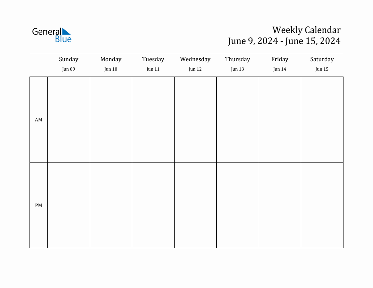 Simple Weekly Calendar for Jun 9 to Jun 15, 2024
