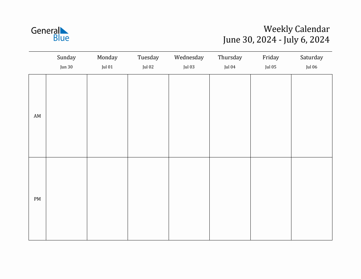 Simple Weekly Calendar for Jun 30 to Jul 6, 2024