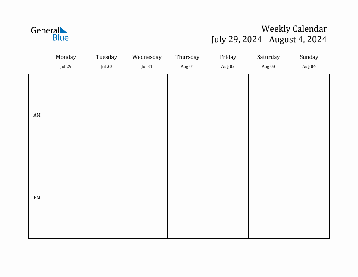 Simple Weekly Calendar for Jul 29 to Aug 4, 2024