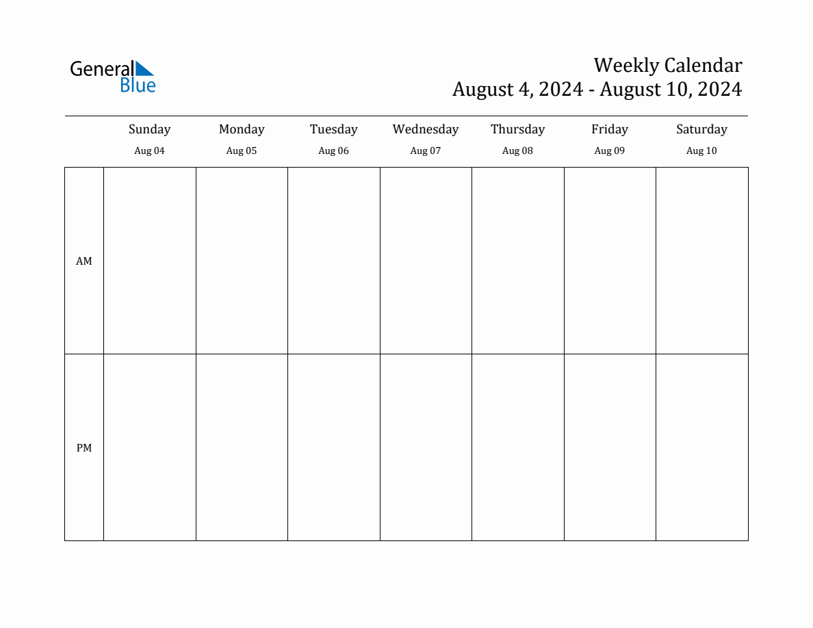 Simple Weekly Calendar for Aug 4 to Aug 10, 2024