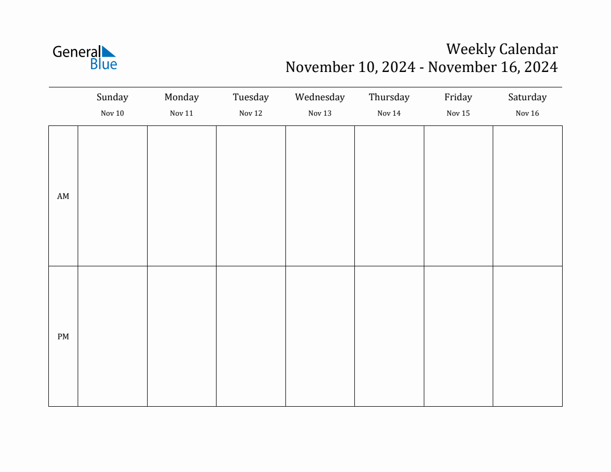 Simple Weekly Calendar for Nov 10 to Nov 16, 2024
