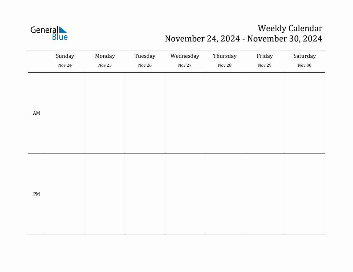 Simple Weekly Calendar for Nov 24 to Nov 30, 2024