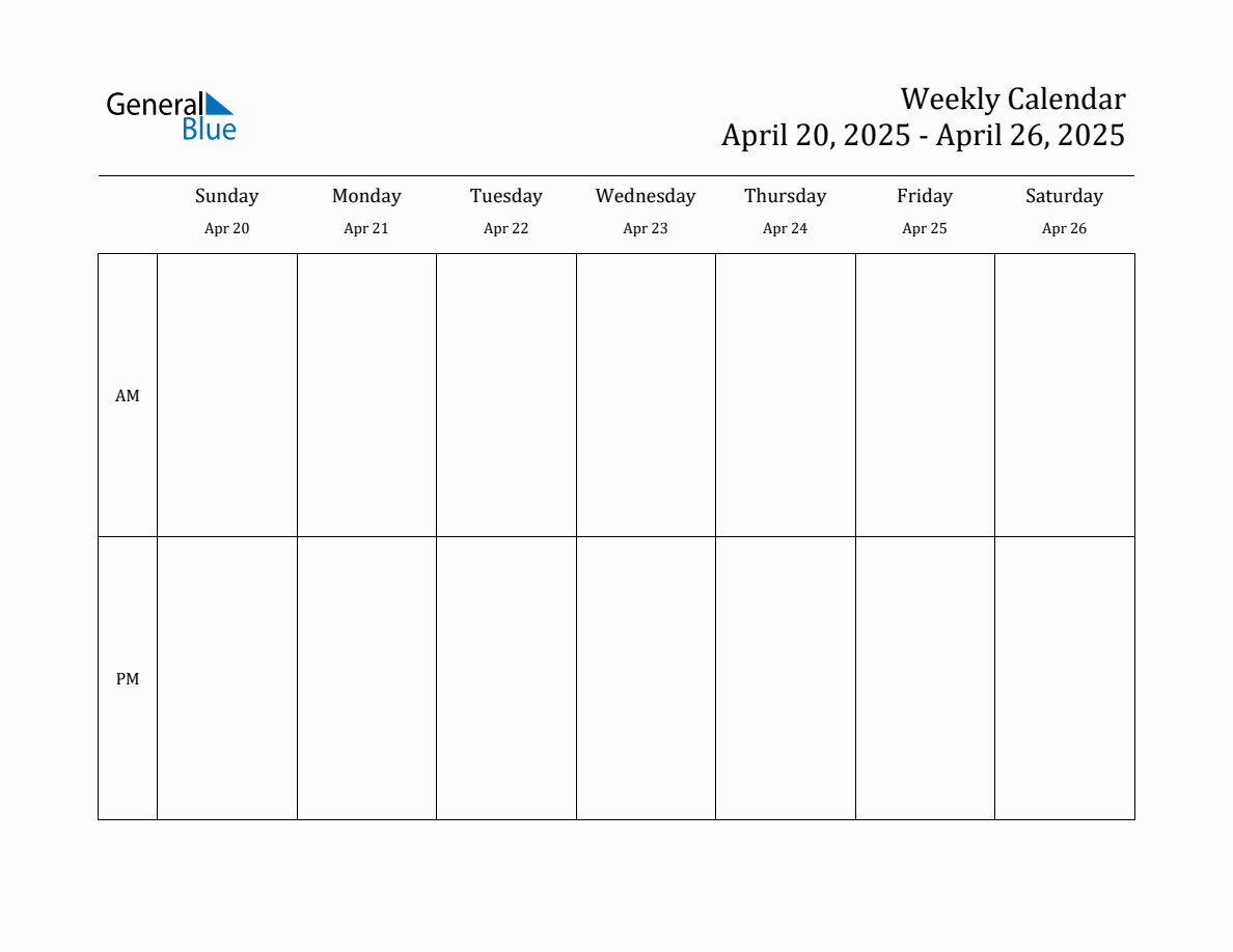 Simple Weekly Calendar for Apr 20 to Apr 26, 2025