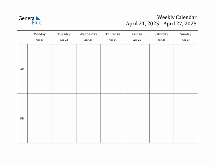 Weekly Calendar with Monday Start for Week 17 (April 21, 2025 to April