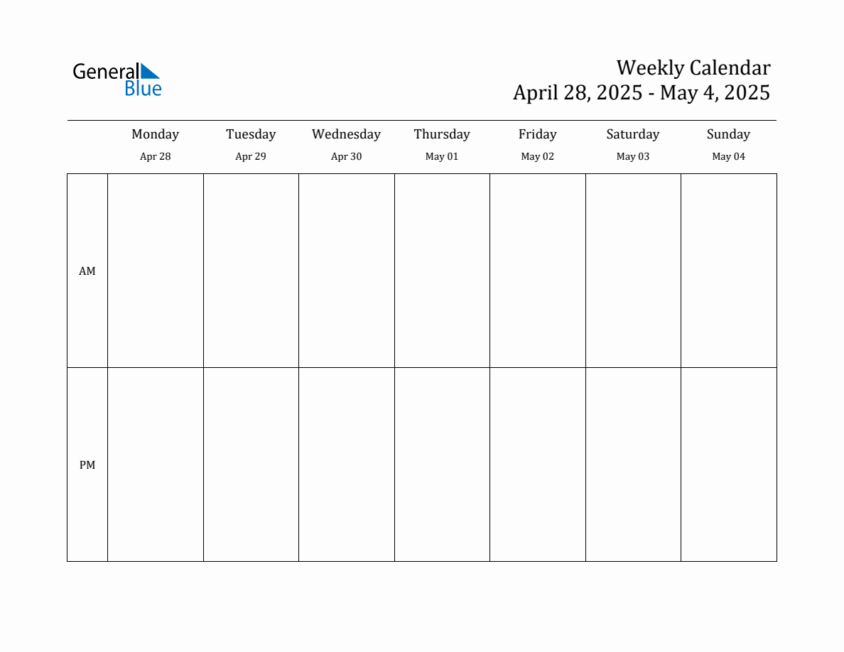 Simple Weekly Calendar for Apr 28 to May 4, 2025