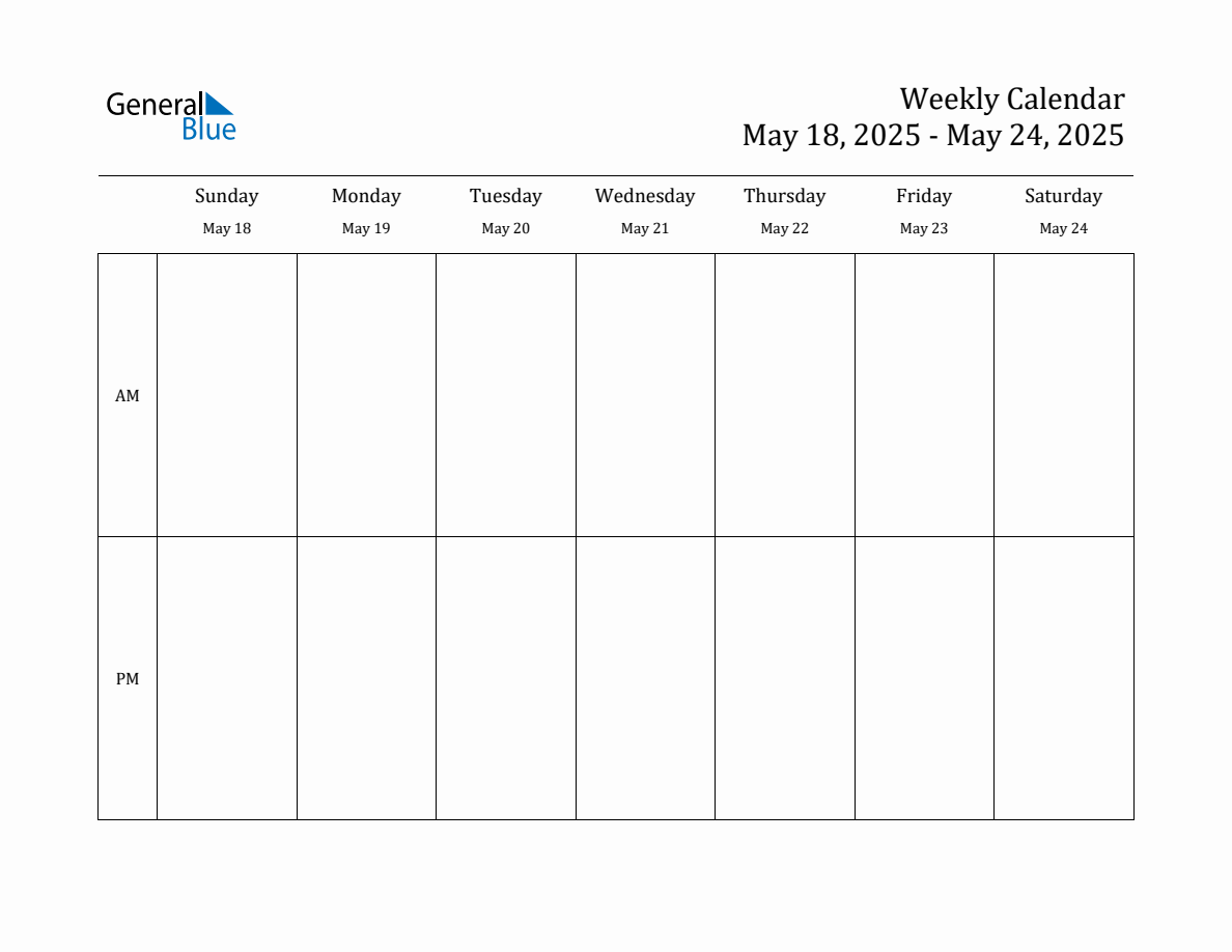 Simple Weekly Calendar for May 18 to May 24, 2025