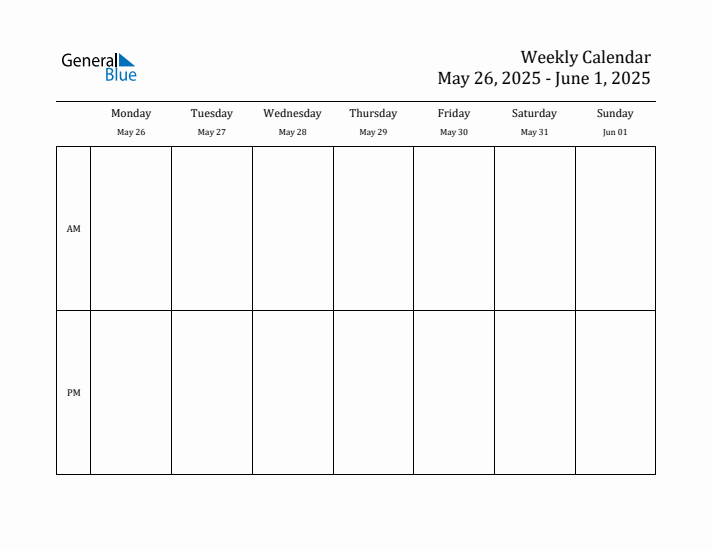 Simple Weekly Calendar Template with AM and PM (May 26 - Jun 1, 2025)
