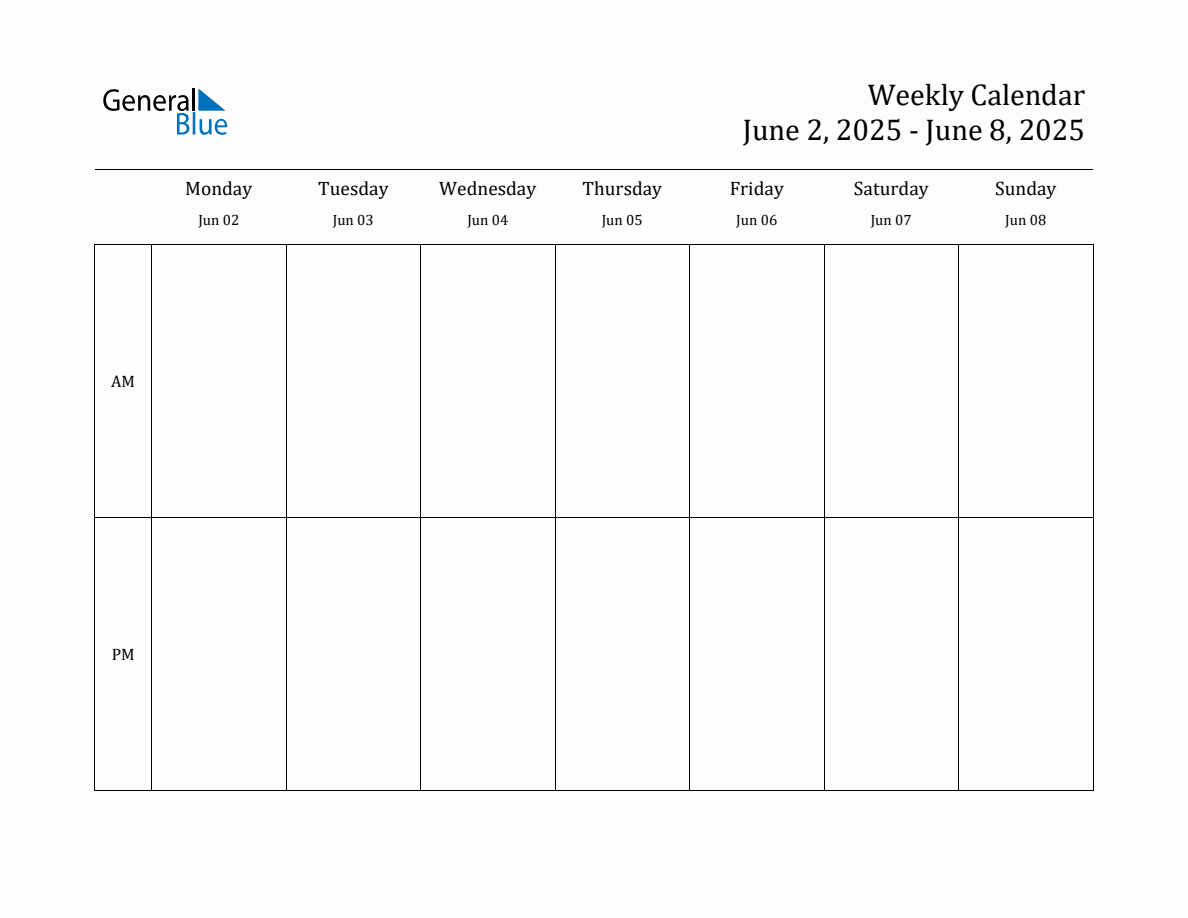 Simple Weekly Calendar for Jun 2 to Jun 8, 2025