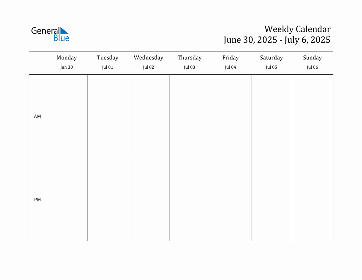 Simple Weekly Calendar for Jun 30 to Jul 6, 2025