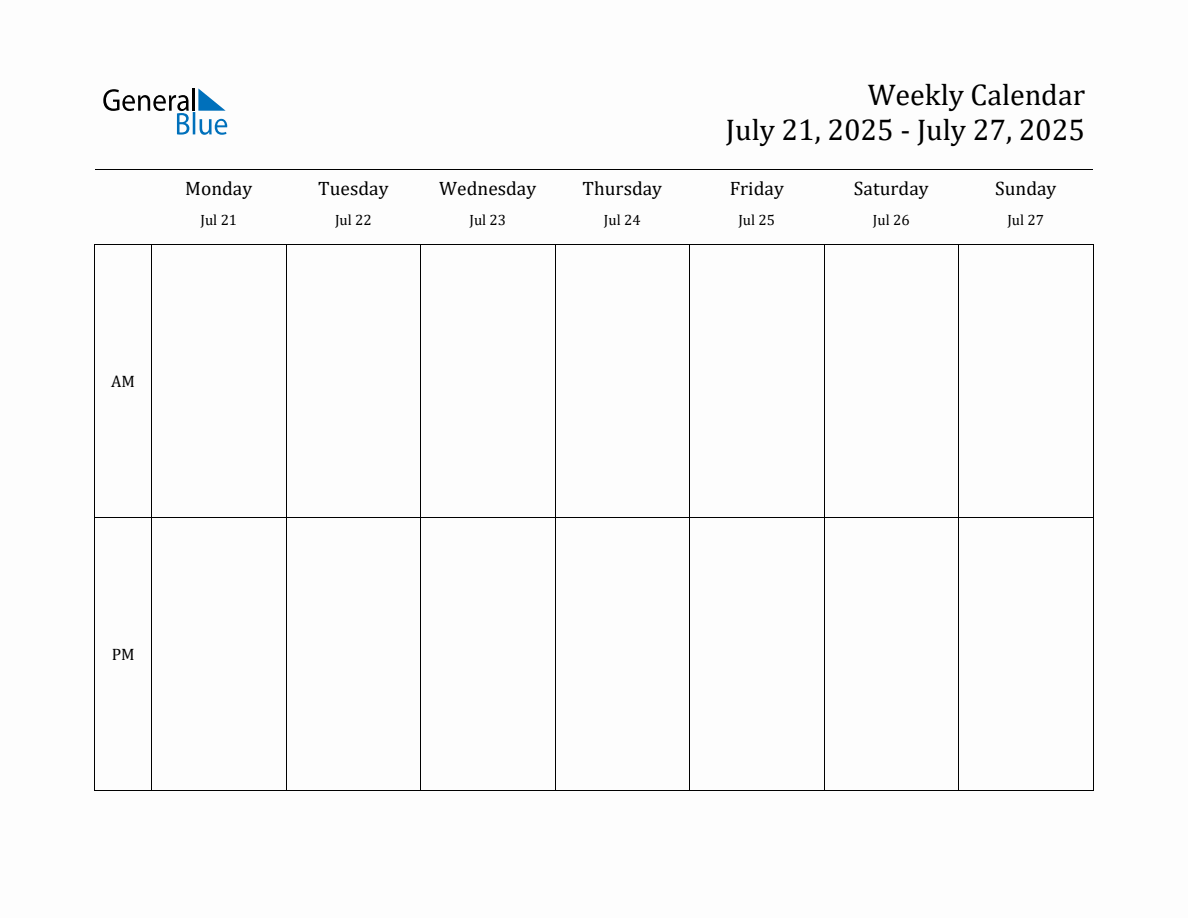 Simple Weekly Calendar for Jul 21 to Jul 27, 2025