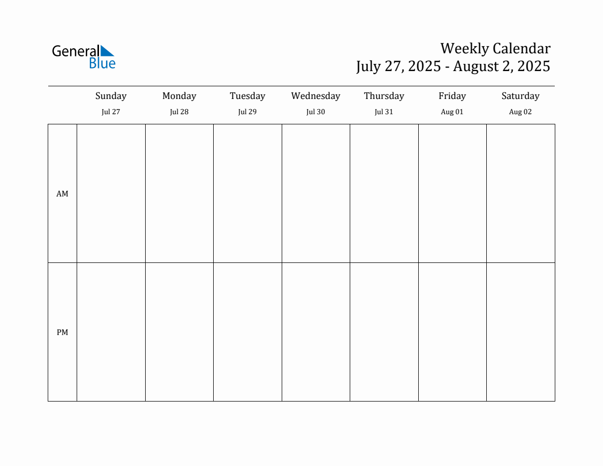 Simple Weekly Calendar for Jul 27 to Aug 2, 2025