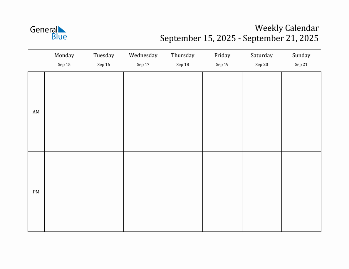 Simple Weekly Calendar for Sep 15 to Sep 21, 2025