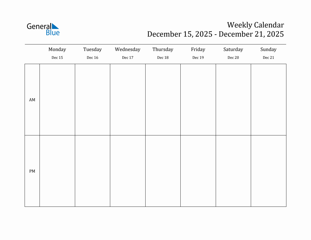 Simple Weekly Calendar for Dec 15 to Dec 21, 2025