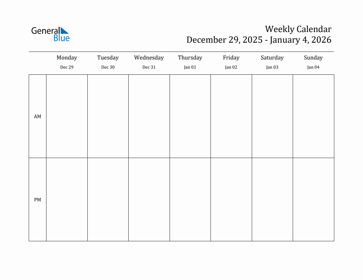 Simple Weekly Calendar for Dec 29 to Jan 4, 2026