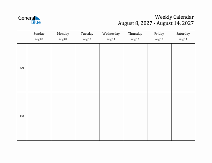 Simple Weekly Calendar Template with AM and PM (Aug 8 - Aug 14, 2027)