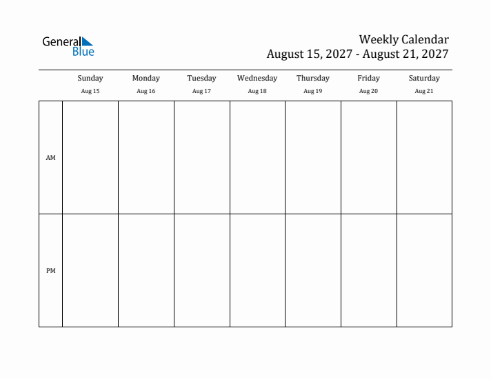 Simple Weekly Calendar Template with AM and PM (Aug 15 - Aug 21, 2027)