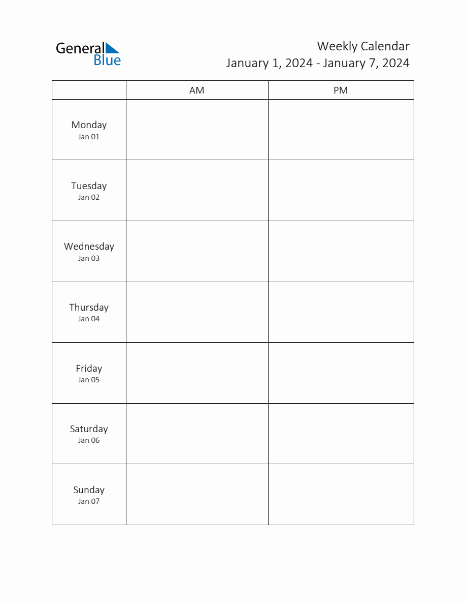 Weekly Schedule Template with AM and PM Week of January 1, 2024