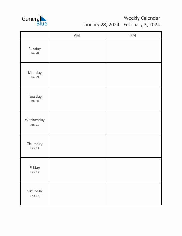 Weekly Calendar - January 28, 2024 to February 3, 2024 - (PDF, Word, Excel)
