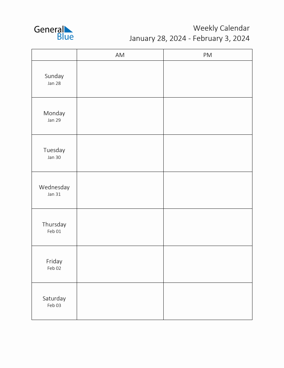 Weekly Schedule Template with AM and PM Week of January 28, 2024