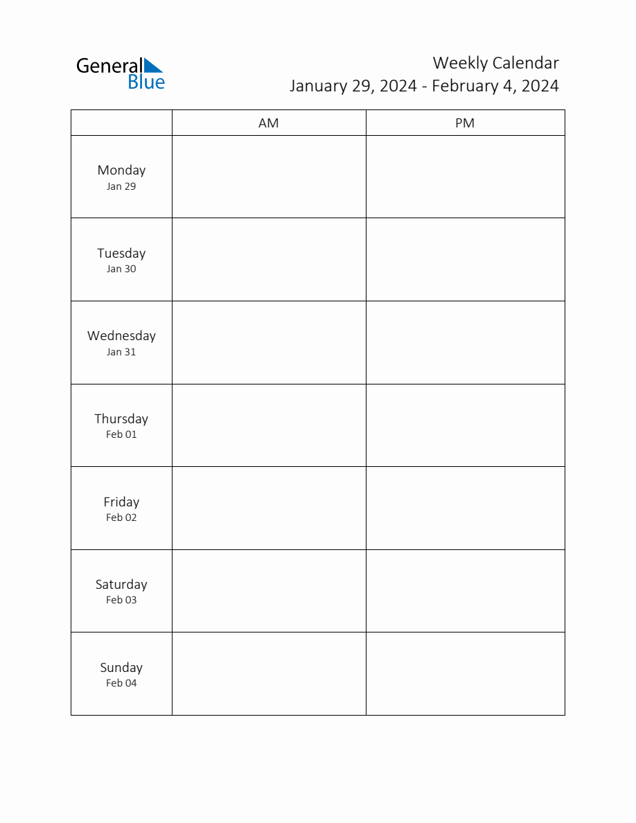 Weekly Schedule Template with AM and PM Week of January 29, 2024