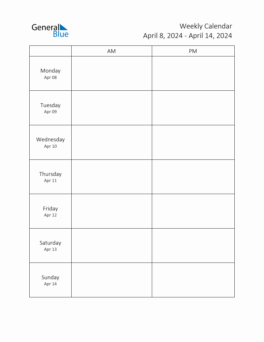 Weekly Schedule Template with AM and PM Week of April 8, 2024