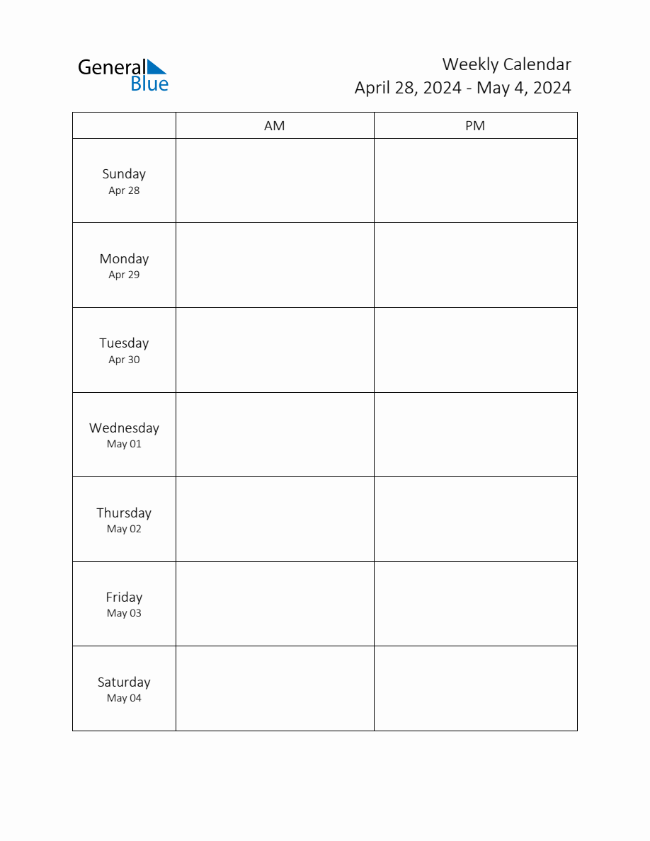 Weekly Schedule Template with AM and PM Week of April 28, 2024