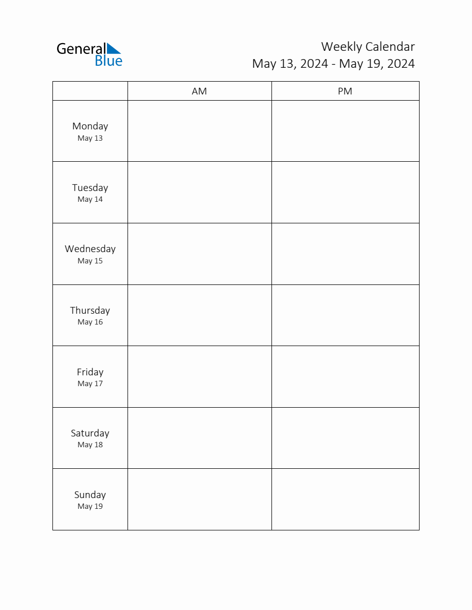 Weekly Schedule Template with AM and PM Week of May 13, 2024