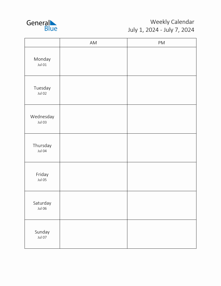 Weekly Schedule Template with AM and PM Week of July 1, 2024