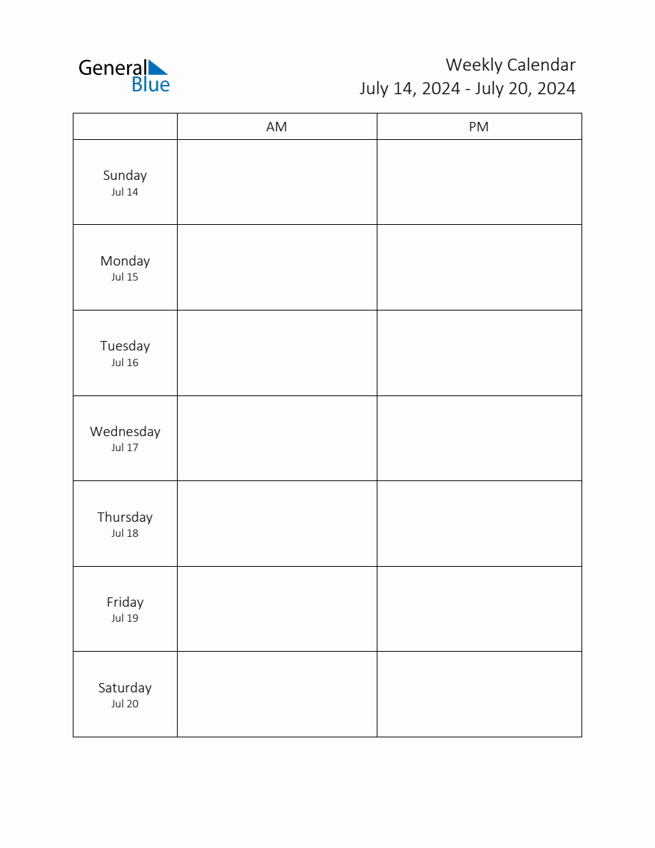 Weekly Schedule Template with AM and PM Week of July 14, 2024