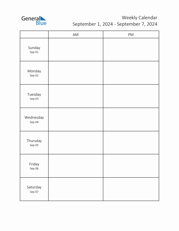 Weekly Schedule Template with AM and PM Week of September 1, 2024