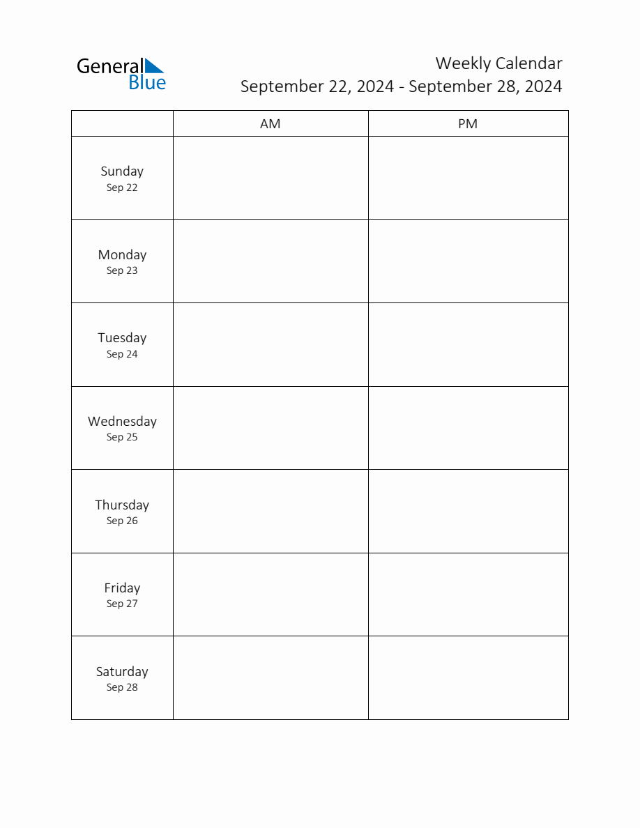 Weekly Schedule Template with AM and PM Week of September 22, 2024