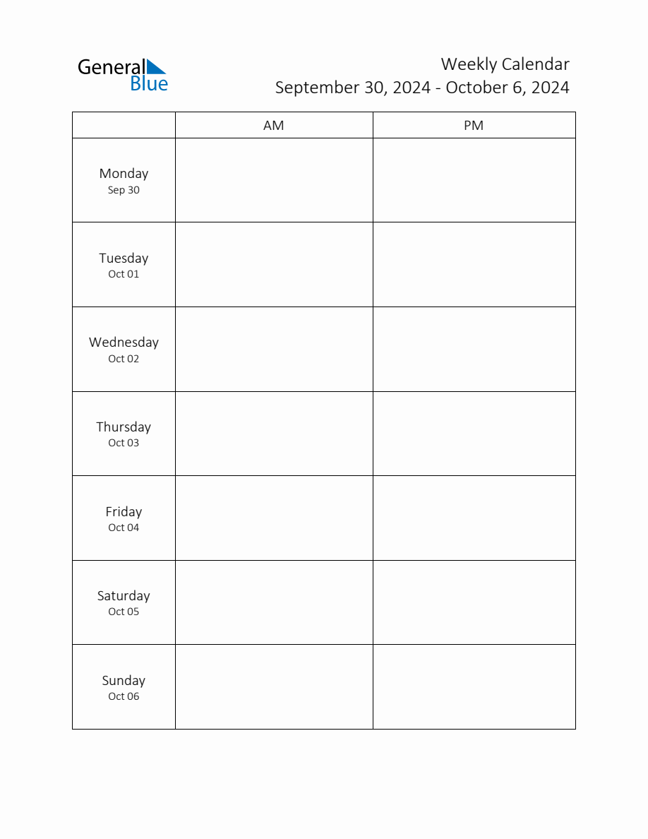 Weekly Schedule Template with AM and PM Week of September 30, 2024