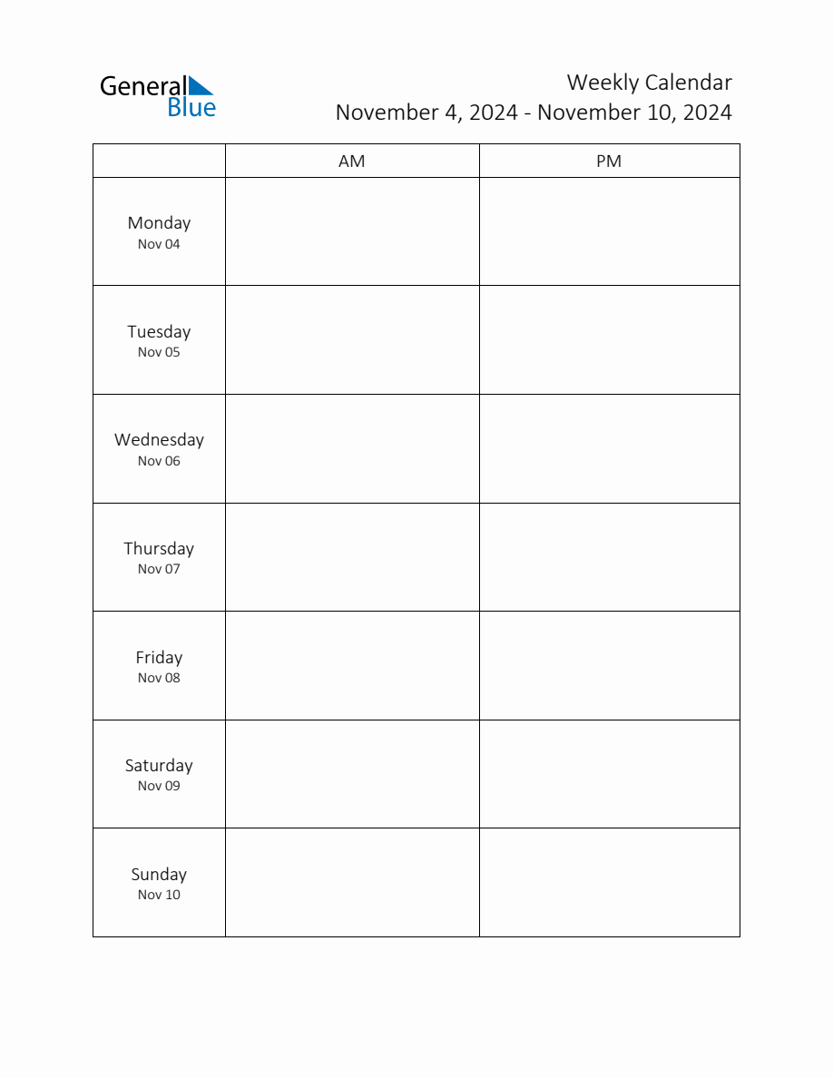 Weekly Schedule Template with AM and PM Week of November 4, 2024