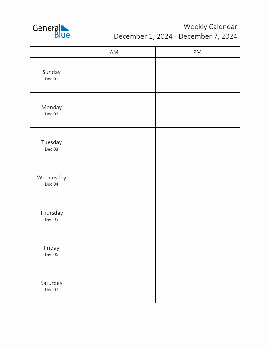 Weekly Schedule Template with AM and PM Week of December 1, 2024