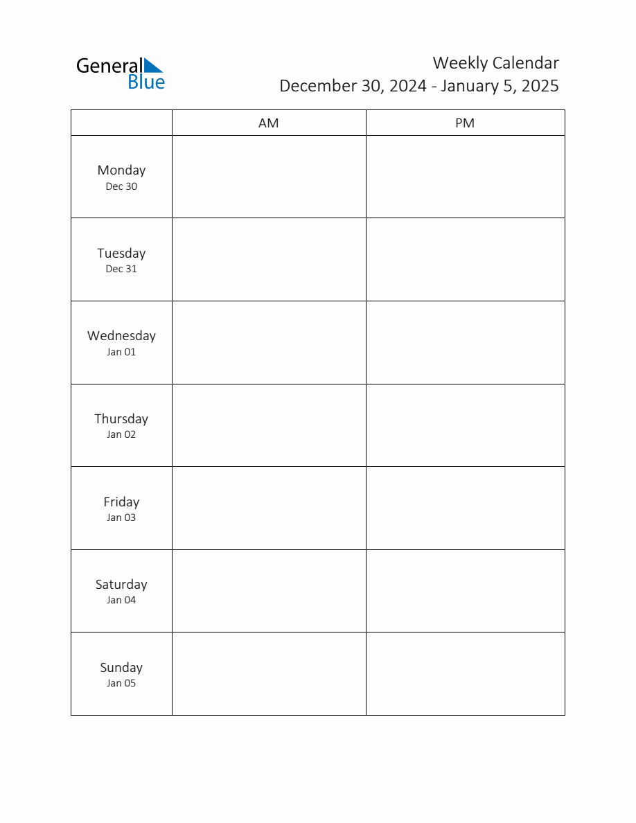 Weekly Schedule Template with AM and PM Week of December 30, 2024