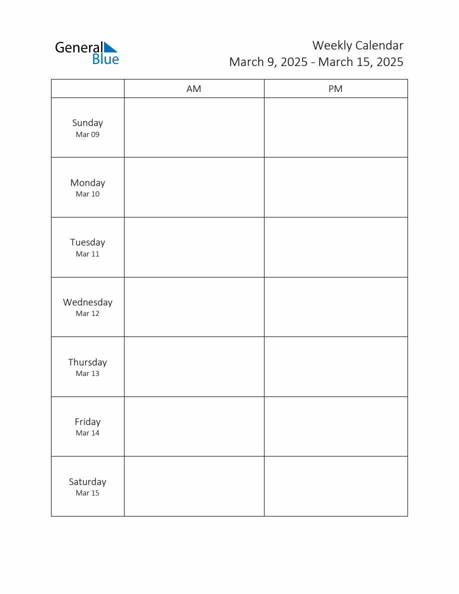 Weekly Schedule Template with AM and PM Week of March 9, 2025