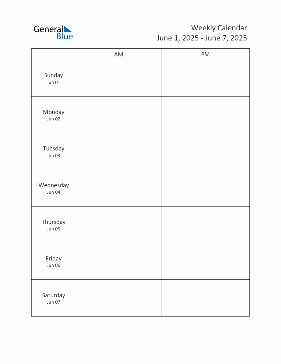 Weekly Schedule Template with AM and PM Week of June 1, 2025