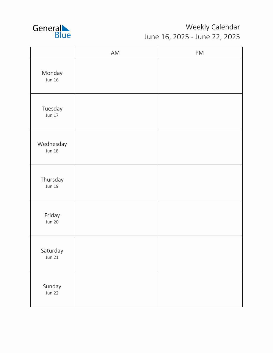 Weekly Schedule Template with AM and PM Week of June 16, 2025